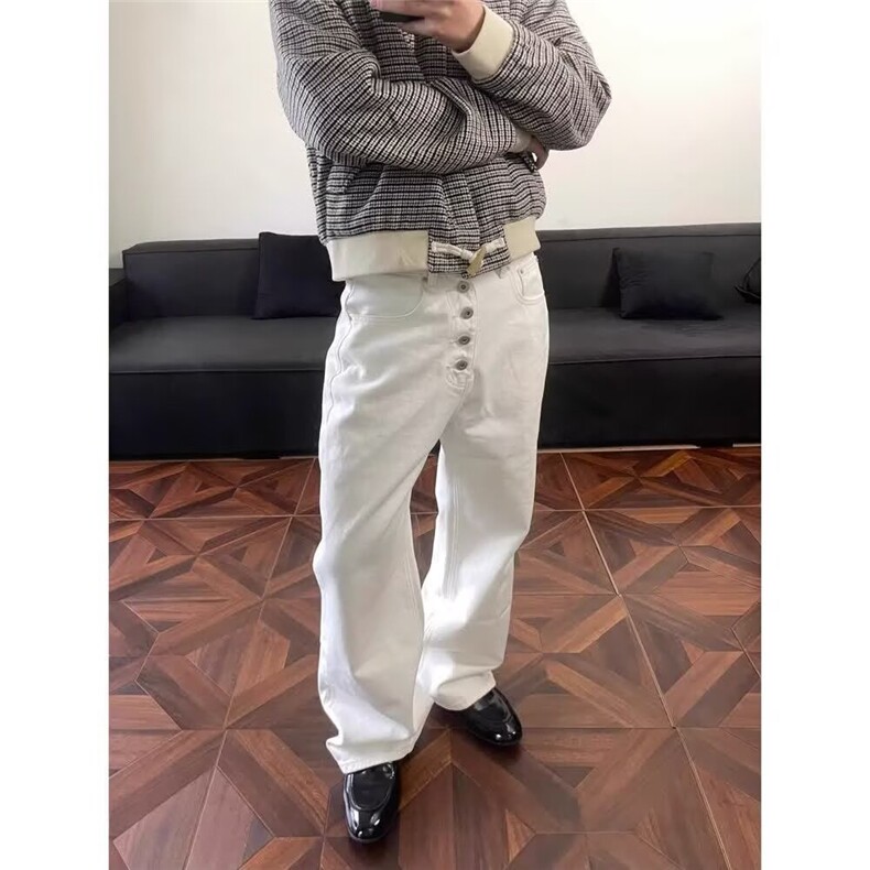 美式高街复古丹宁白色阔腿弯刀牛仔裤男百搭宽松垂感百搭休闲裤子,男装牛仔裤,四季星座505