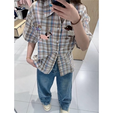 夏季新款美式趣味小狗毛巾绣格子短袖衬衫女宽松休闲衬衣独特上衣，男装T恤，星座506A