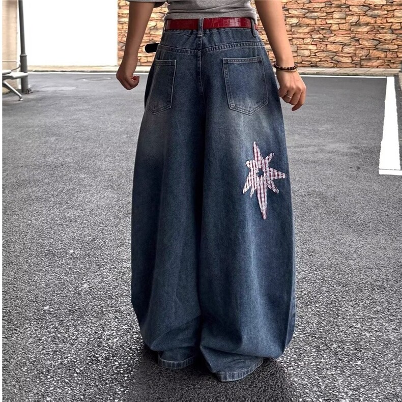美式复古水洗星星贴布弯刀牛仔裤女春秋款高腰宽松慵懒风长裤,男装牛仔裤,星座506A