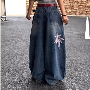 美式复古水洗星星贴布弯刀牛仔裤女春秋款高腰宽松慵懒风长裤图片