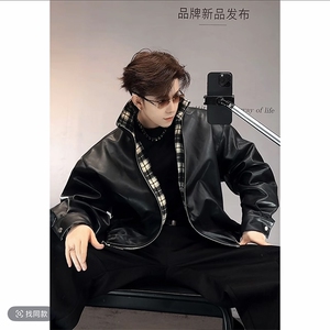 秋冬复古格子拼接机车皮衣夹克外套男潮 JK2377-P145（网图）图片
