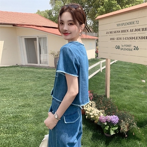 休闲时尚毛边牛仔套装女2025年夏季新款宽松气质减龄阔腿裤两件套图片