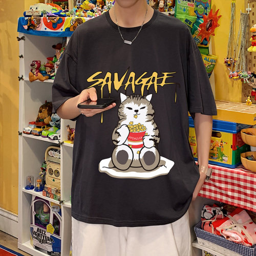2021夏新爆米花猫印花纯棉短袖玩具手办风宽松大码T恤T003P23图片