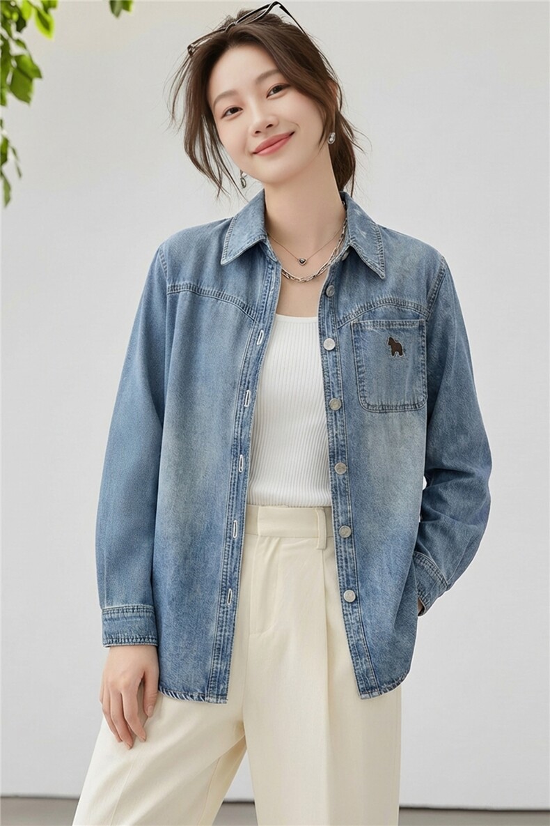 现货2026年春季休闲风牛仔绣花衬衫外套,女装短外套,靓衣阁