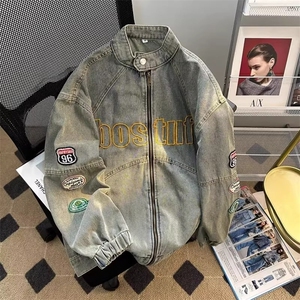 机车风牛仔外套男水洗做旧潮刺绣宽松复古高街夹克上衣HH8899 P70图片
