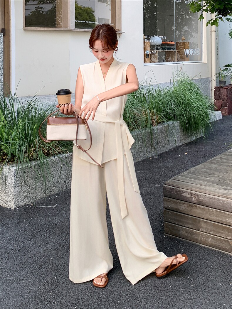 新款现货主推夏季无袖气质套装女老钱风阔腿裤清冷感韩系两件套,女装套装/套裙,网红馆
