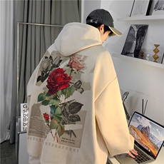 抖音品质美式复古玫瑰印花宽松麂皮绒连帽卫衣JK23389特批43-控69，男装卫衣，星座605(原A050)
