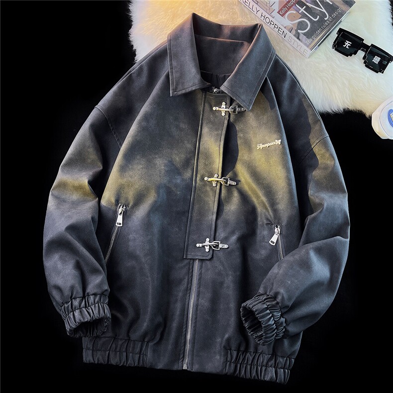 1平铺港风夹克男大码夹克男水洗雪花皮衣男JK8741P130控168，男装皮衣，星座226-2
