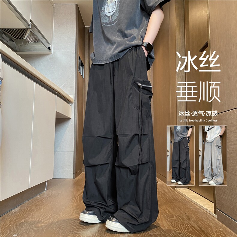 抖音品质夏季新款美式高街飘带宽松冰丝裤B315-K25592-特p35控68,男装休闲裤,电商B315