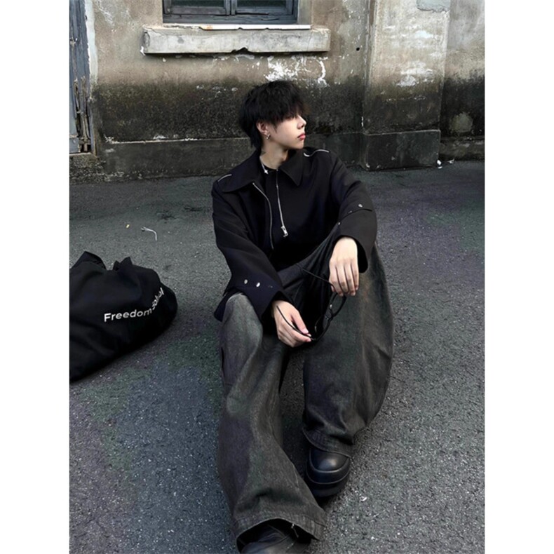 美式cleanfit垫肩短款外套男痞帅翻领正肩设计感小众高级感夹克潮,男装夹克,四季星座505