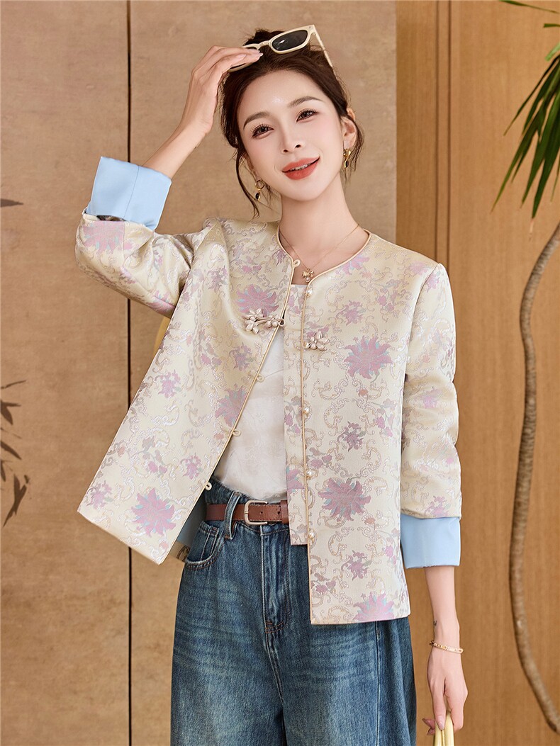 现货时尚潮流新中式宋锦巨好看提花盘扣复古春秋季女式外套,女装短外套,木橙西子