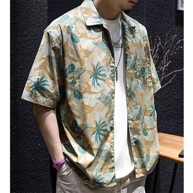 美式复古夏威夷衬衫短袖男夏宽松潮牌大码五分袖沙滩度假印花衬衣,男装衬衫,星座506A