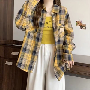 1506/Q81130/P36潮流新款复古黄色格子衬衫小个子休闲百搭上衣潮图片