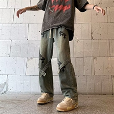 美式高街黄泥染牛仔裤男水洗做旧复古中腰宽松直筒休闲长裤子，男装牛仔裤，星座601-2