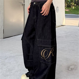 美式复古大口袋弯刀牛仔裤女春季新款大码胖MM宽松显瘦阔腿拖地裤图片