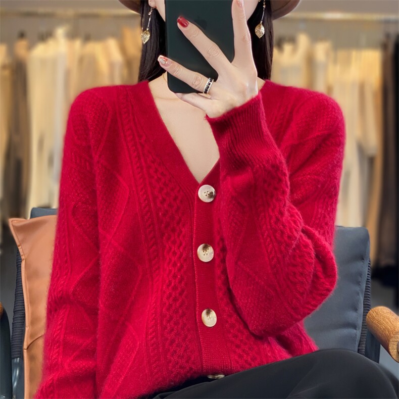 秋冬V领100%羊毛衫长袖提花开衫女复古宽松慵懒羊绒针织外套上衣,女装羊毛衫,忠诺羊绒