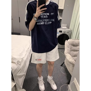 夏季美式高街重磅纯棉三条杠织带撞色男女短袖T恤ZD518-特P30图片