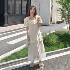 法式泡泡袖层次感连衣裙女2025夏季新款网纱拼接假两件超好看长裙，女装连衣裙，2C159