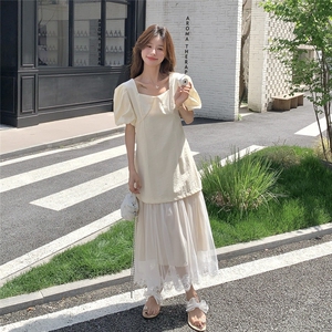 法式泡泡袖层次感连衣裙女2025夏季新款网纱拼接假两件超好看长裙图片
