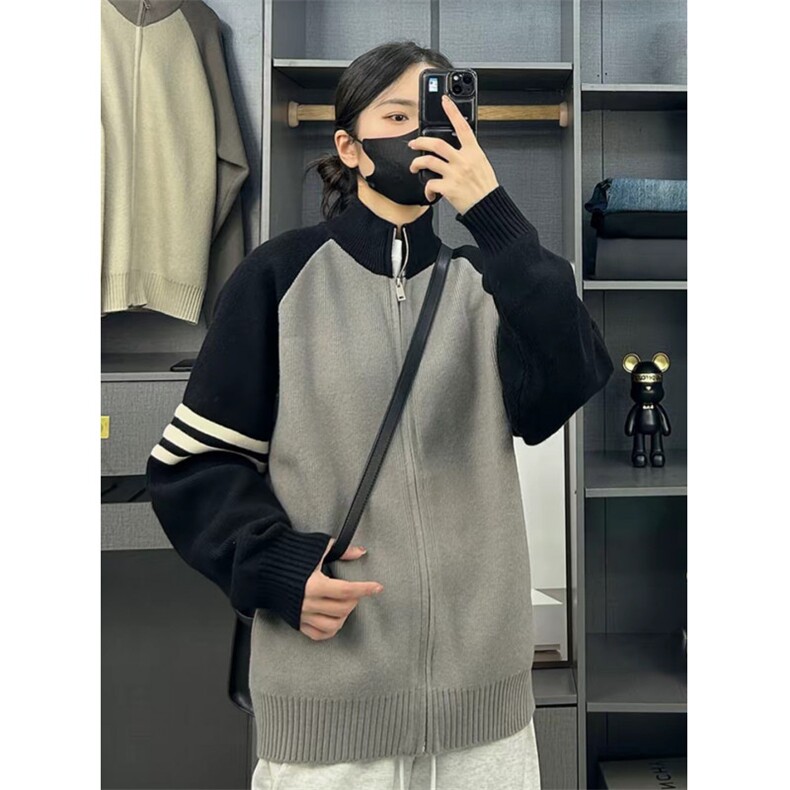 美式复古撞色条纹针织开衫外套男春秋感情侣立领短款夹克ZZS71p55,男装针织衫/毛衣,电商D256A(原A064A)