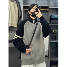 美式复古撞色条纹针织开衫外套男春秋感情侣立领短款夹克ZZS71p55，男装针织衫/毛衣，电商D256A(原A064A)