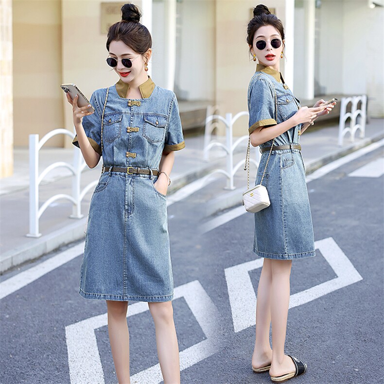 天丝牛仔连衣裙女薄款2023夏季新款复古港风气质减龄收腰衬衫裙子，女装连衣裙，E百度
