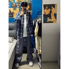 CS08-P33日系少年感毛边格子衬衫男春秋新款潮牌百搭，男装衬衫，电商B323A
