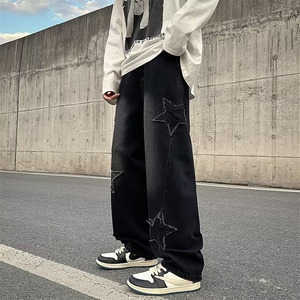 hiphop五角星牛仔裤男秋冬复古欧美高街vibe裤子垂感直筒1042-p45图片