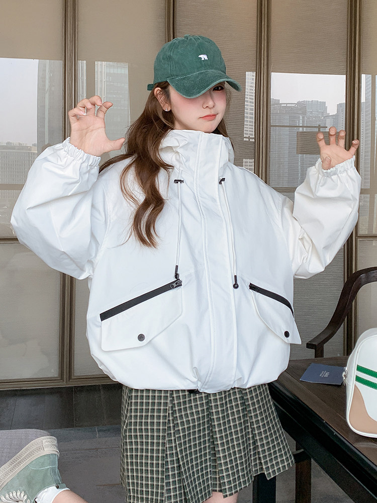 白色连帽工装短外套女春季2025年新款设计感小个子宽松休闲冲锋衣,女装短外套,浙宝192（原082）