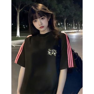抖音得物品质二开240克宽松纯棉美式潮牌印花三条杠中性风短袖T恤