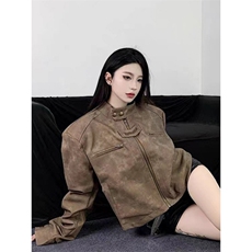 加厚棉服袄子棕色机车麂皮衣夹克女短款立领垫肩外套秋冬JKX762，男装皮衣，星座516A