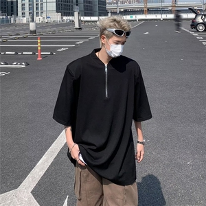 半拉链短袖t恤男夏季美式潮牌设计感宽松纯色棒球领体恤ST299-P32,驼色大衣中款搭配好看图片