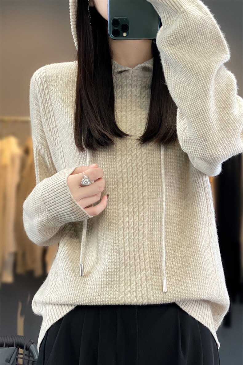 卫衣女2024新款爆款连帽针织衫女带帽毛衣上衣慵懒风宽松休闲外套,女装羊毛衫,莺澜羊绒