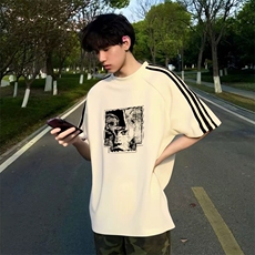 抖音得物品质二开240克宽松纯棉美式潮牌印花三条杠中性风短袖T恤，男装T恤，电商A486
