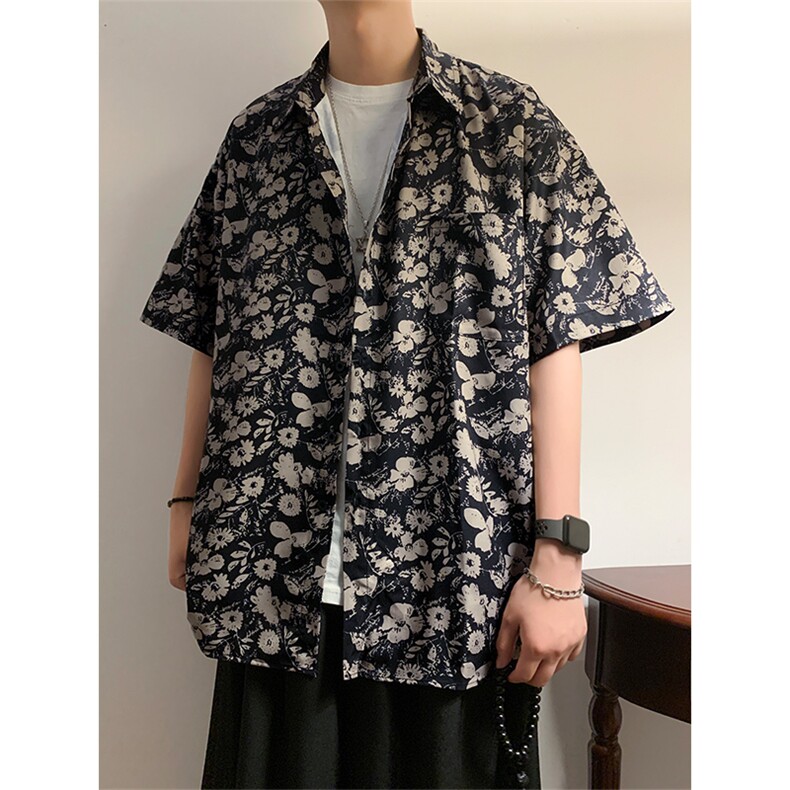黑花短袖衬衫上衣男夏季垂坠感休闲外搭衬衣DX101-特P30限价48,男装衬衫,电商A178