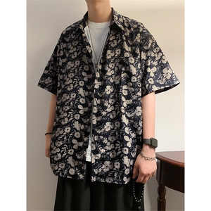 黑花短袖衬衫上衣男夏季垂坠感休闲外搭衬衣DX101-特P30 限价48图片