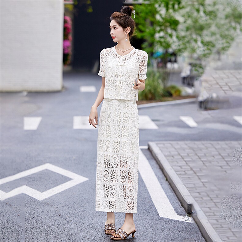 2024夏季新款新中式盘扣仙气小香风白色蕾丝两件套时尚套裙,女装套装/套裙,星期衣