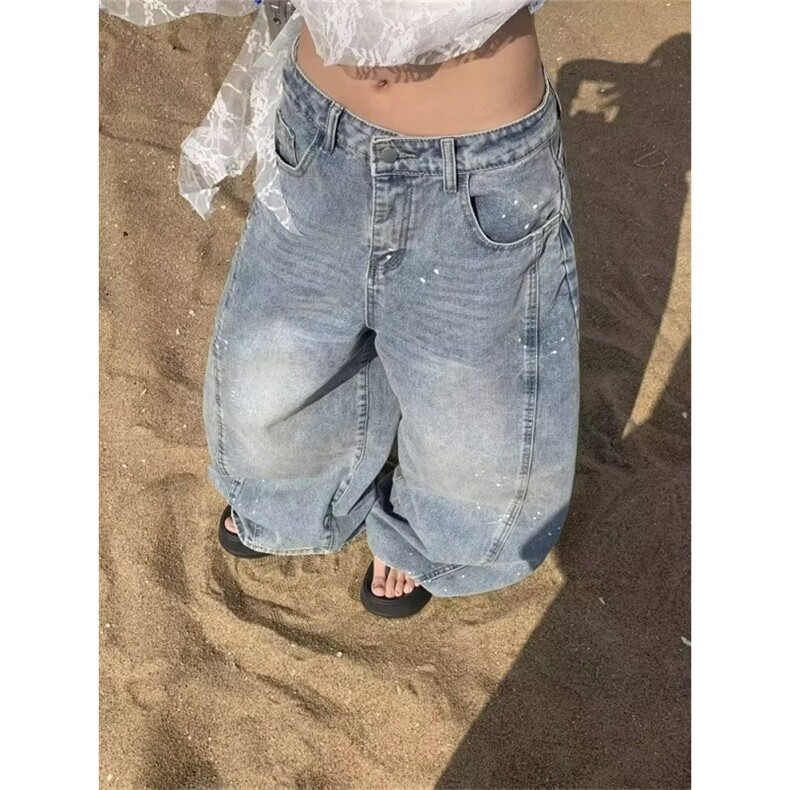 美式泼墨涂鸦阔腿牛仔裤女2025春新款今年流行高腰直筒弯刀裤,男装牛仔裤,星座506A