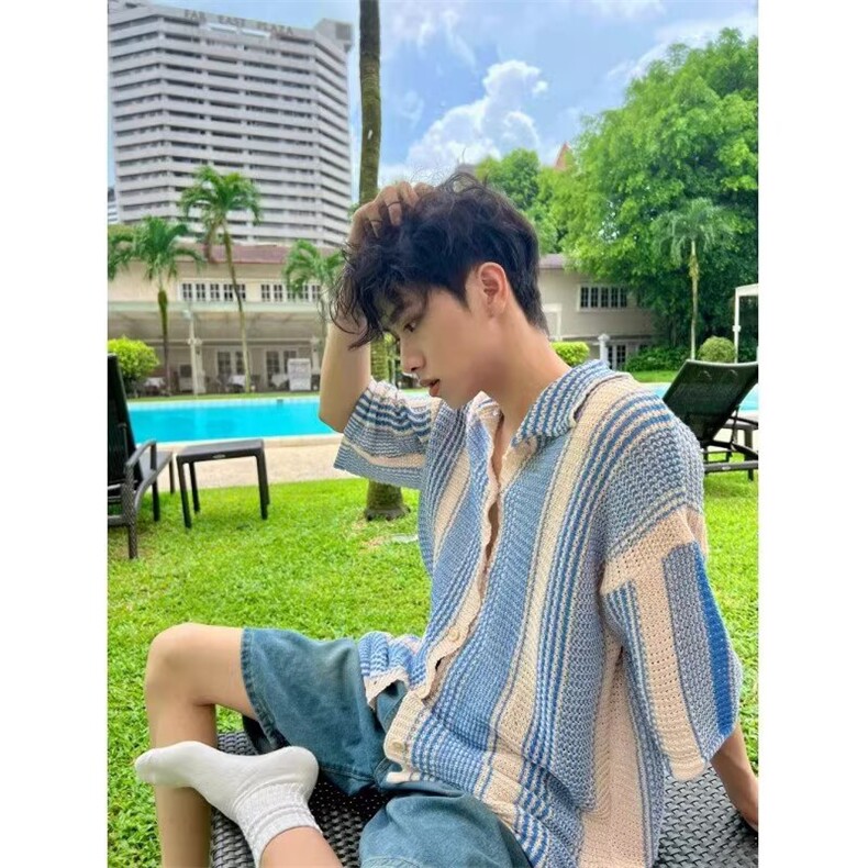 复古撞色条纹开衫短袖衬衫男夏季潮流ins宽松翻领休闲针织衫薄款，男装针织衫/毛衣，星座1210-1