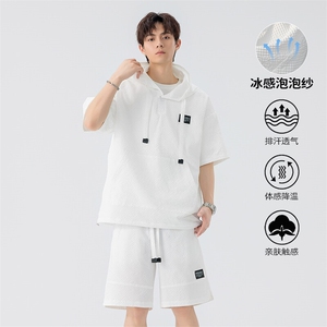 特批P50无差价夏季潮流大口袋连帽泡泡纱大码两件套套装男TZ5570图片