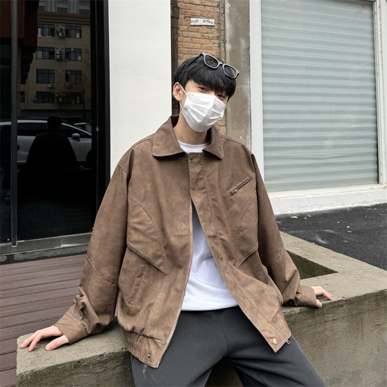 春季皮衣外套男女生同款美式复古潮牌翻领休闲夹克JK05-P95控128，男装皮衣，星座218-5