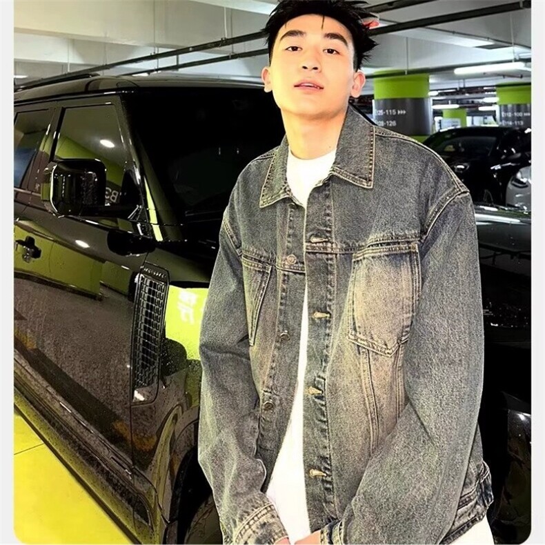 蓝色休闲牛仔外套男春秋美式街头水洗做旧宽松大码翻领夹克上衣,男装工装外套,星座218-1（原230）