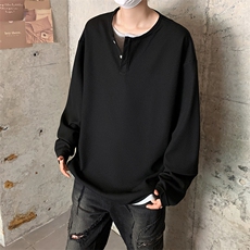 港风日系复古秋季新款套头宽松V领长袖T恤男XZ213-V002-P55控68，男装T恤，星座213