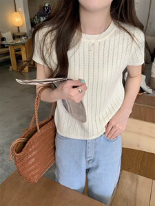 法式麻花镂空薄款天丝短袖针织衫女夏季宽松短款小个子棉麻T恤衫图片