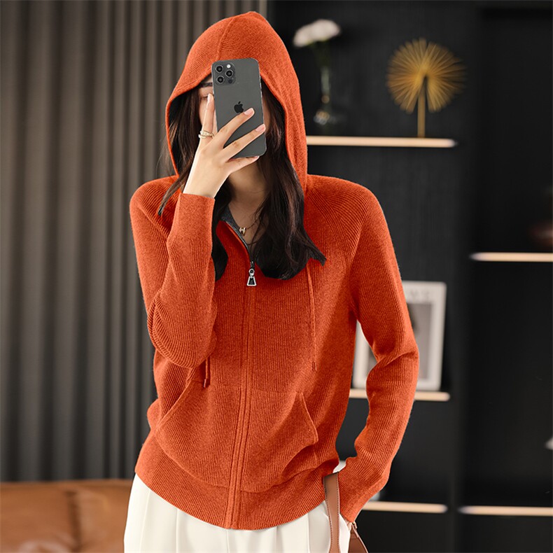 羊毛开衫外套女士针织连帽上衣秋季2024年新款拉链连帽毛衣外套,针织衫/毛衣,佳绒包芯纱店