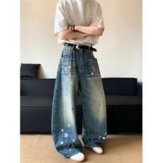 美式复古卡通贴纸印花弯刀牛仔裤男女宽松显瘦休闲阔腿裤子，男装牛仔裤，星座410-6（原星座1304-1）