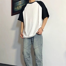 抖音得物高品质二开240克宽松纯棉美式潮牌插肩袖拼接短袖T恤，男装T恤，电商A486-1