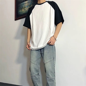 抖音得物高品质二开240克宽松纯棉美式潮牌插肩袖拼接短袖T恤图片