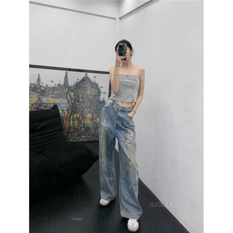 新款设计感泼漆涂鸦印花美式复古做旧高街牛仔长裤,男装休闲裤,星座506A