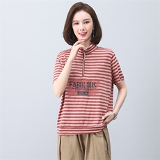 时尚条纹t恤女夏短袖2023新款中年妈妈宽松洋气翻领休闲印花上衣，女装T恤，忆绮罗